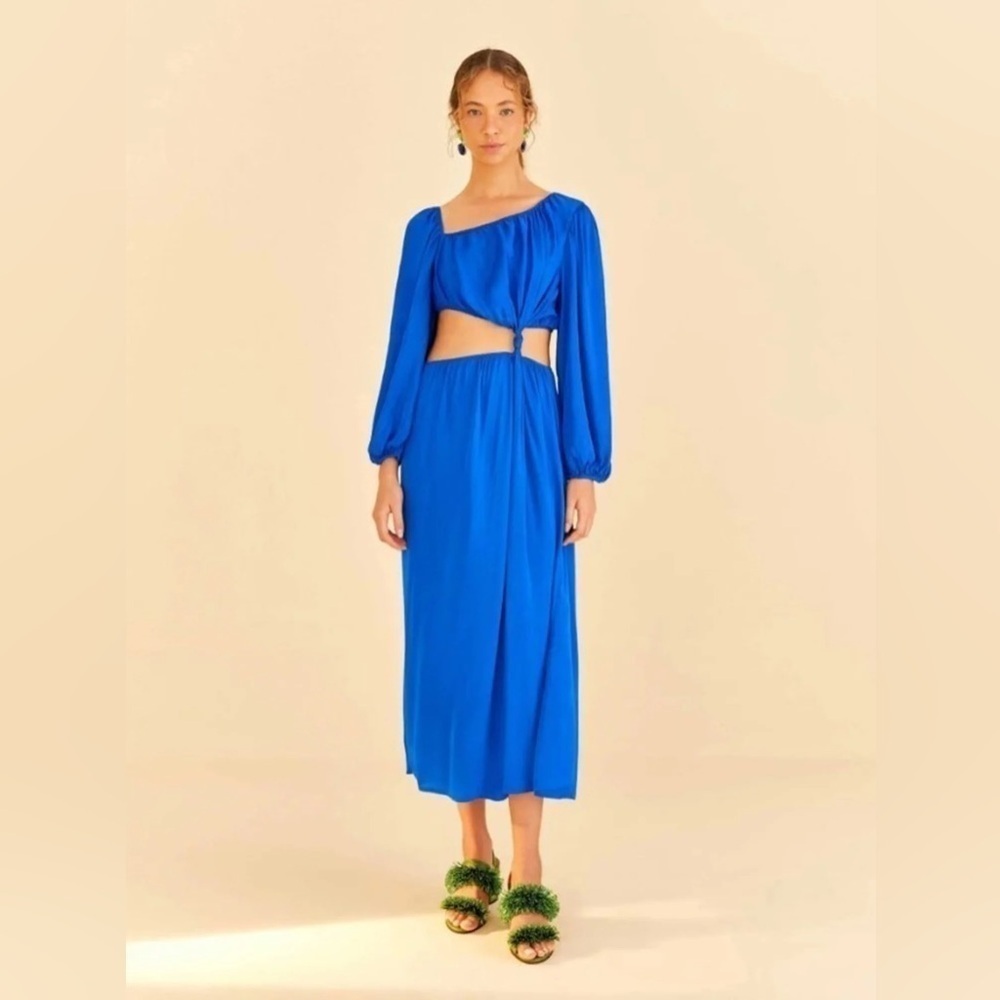 Farm Rio Blue Satin Cutout Midi Dress - Picture 1 of 7